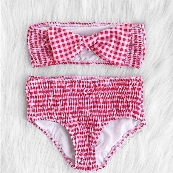 Pink gingham smocked bandeau bow bikini 💕 - Picture 2 of 5